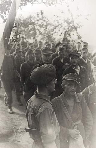 Entlassene Kriegsgefangene überqueren die Zonengrenze bei Friedland, Oktober 1946